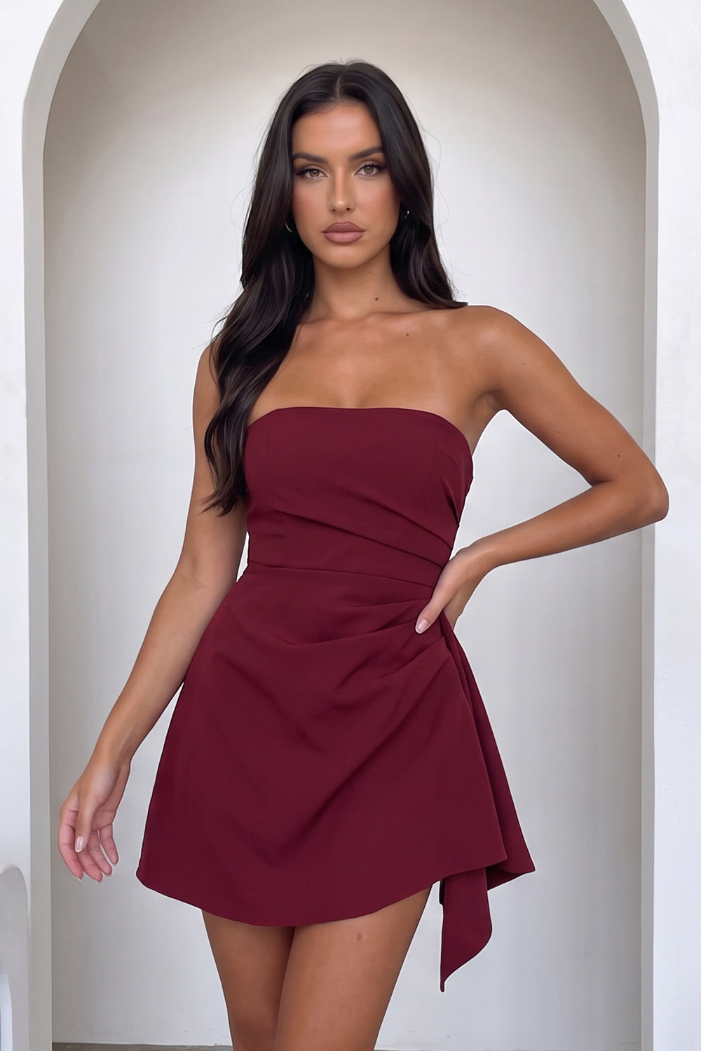 Burgundy Strapless A Line Ruched Short Homecoming Dress