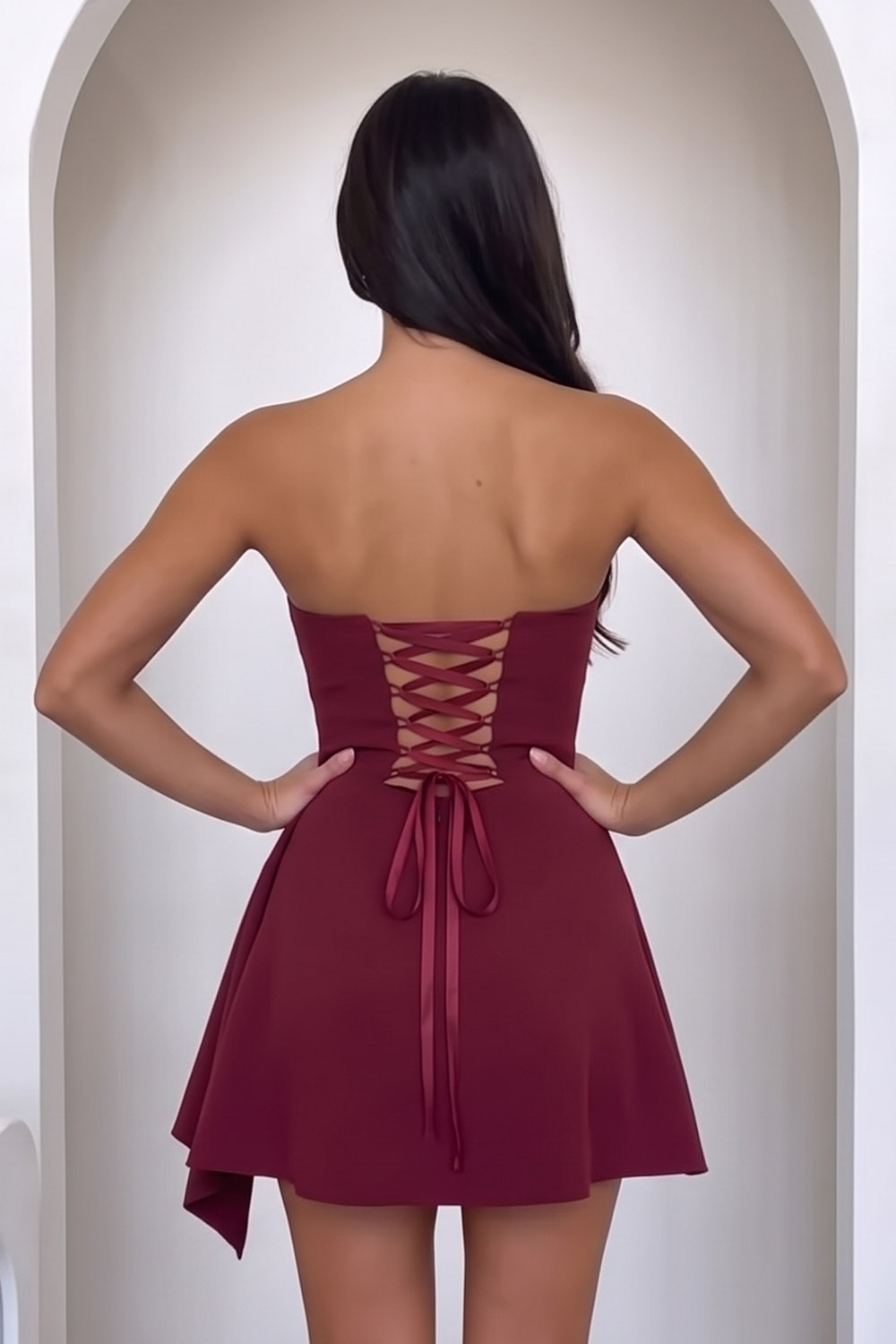 Burgundy Strapless A Line Ruched Short Homecoming Dress