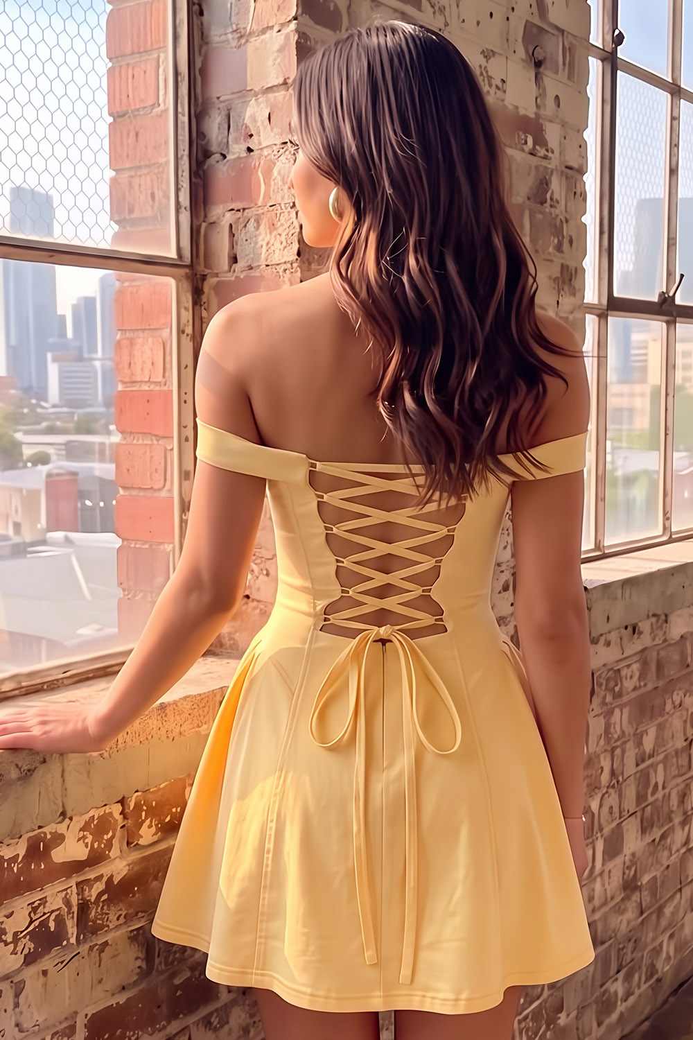 Yellow A Line Off the Shoulder Short Homecoming Dress
