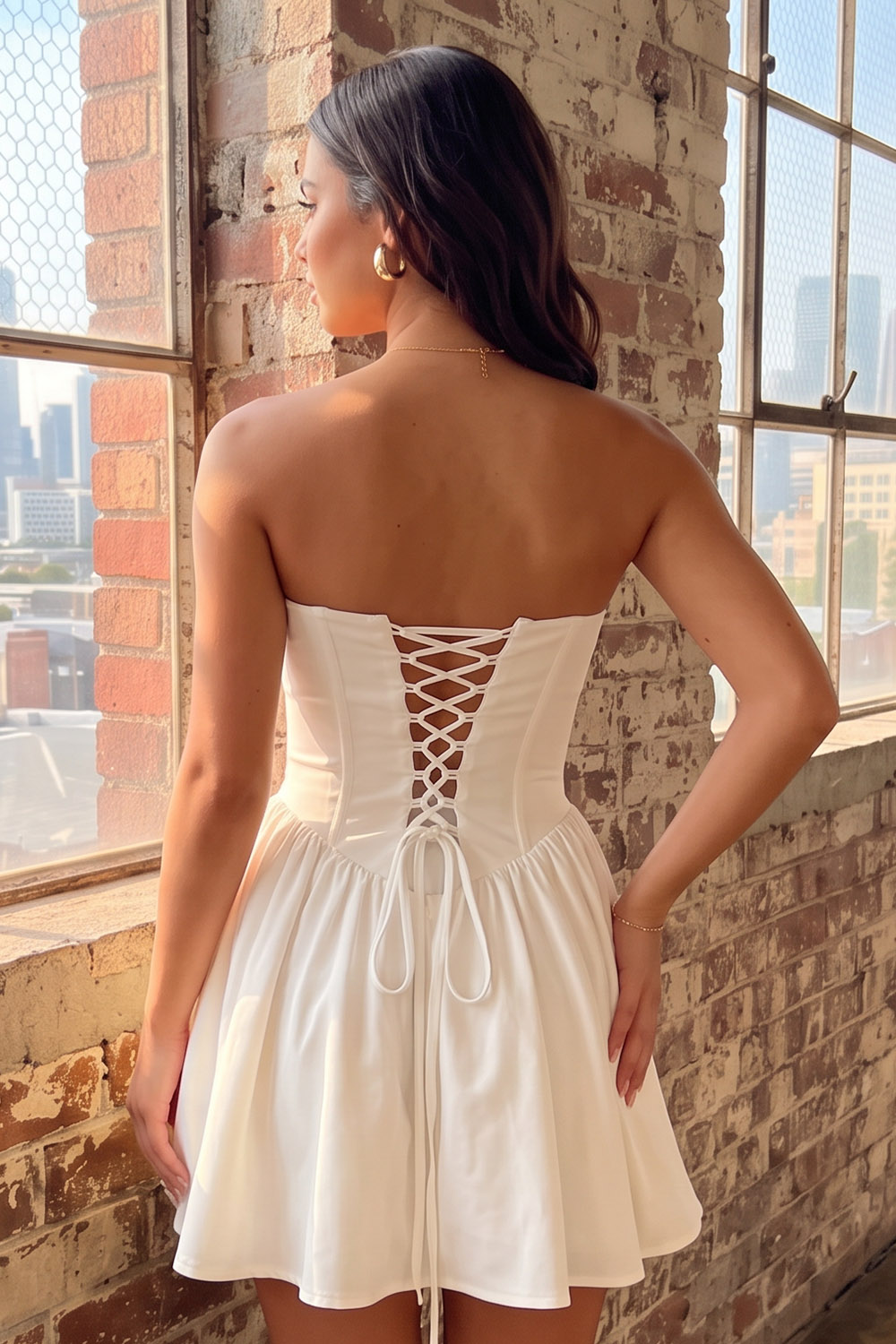 White Corset Strapless Lace Up Back Short Homecoming Dress