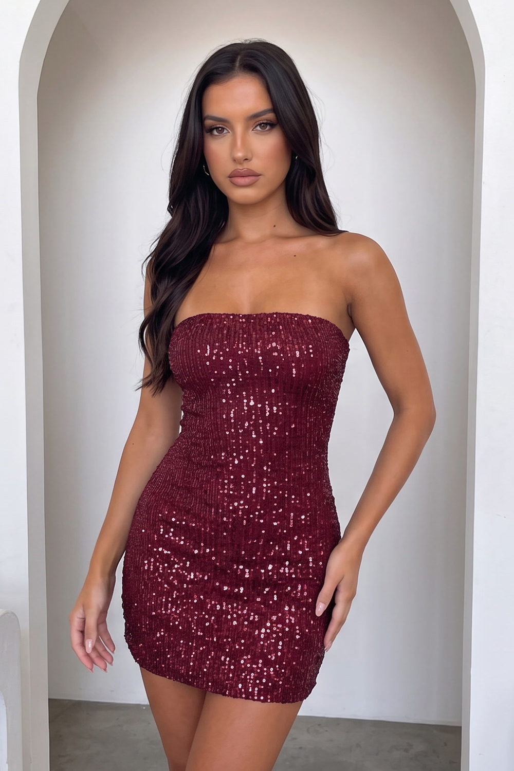Sparkly Burgundy Sequins Bodycon Strapless Short Homecoming Dress