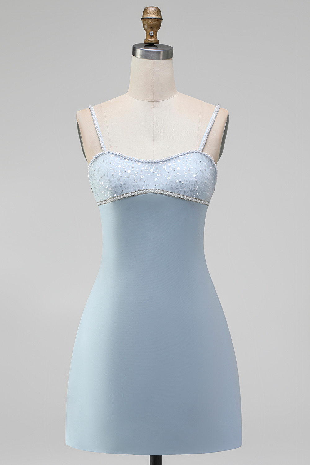 Light Blue Sparkly Spaghetti Straps Short Homecoming Dress with Beading