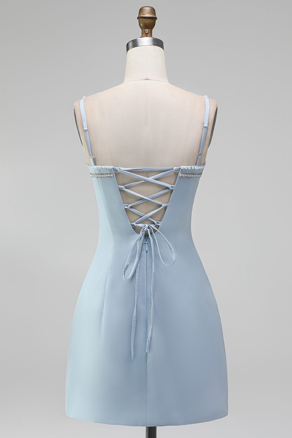 Light Blue Sparkly Spaghetti Straps Short Homecoming Dress with Beading