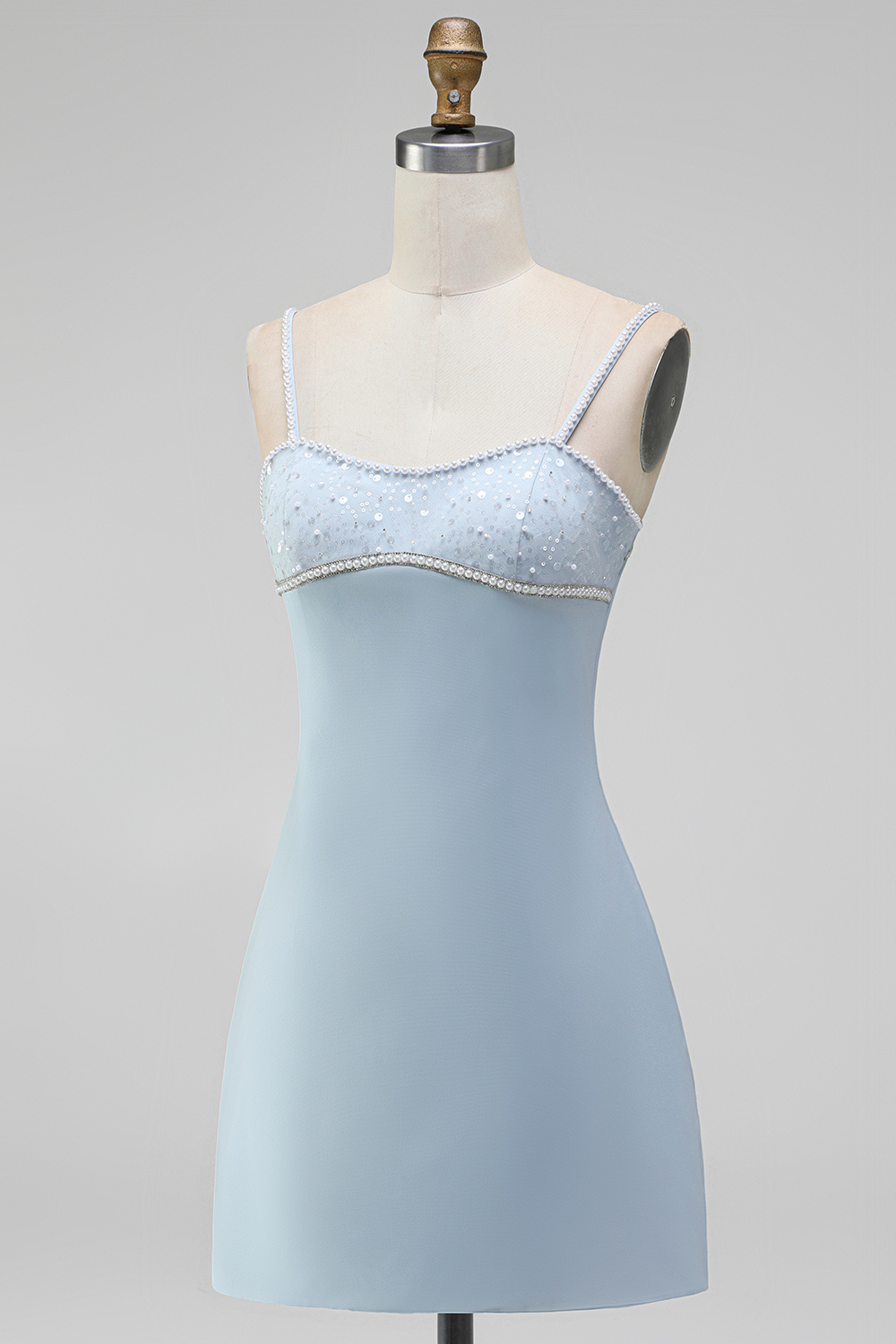 Light Blue Sparkly Spaghetti Straps Short Homecoming Dress with Beading