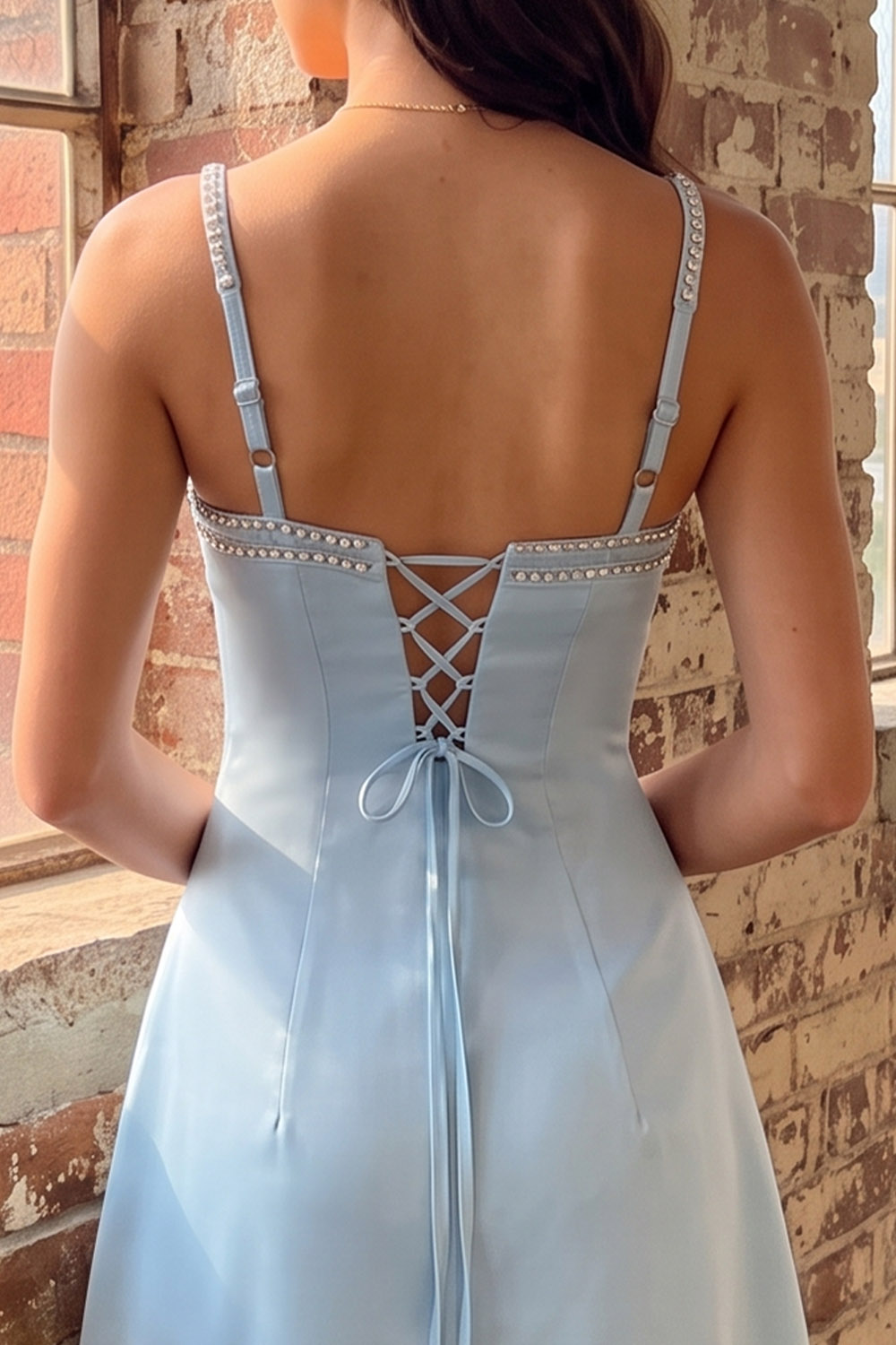 Light Blue Sparkly Spaghetti Straps Short Homecoming Dress with Beading