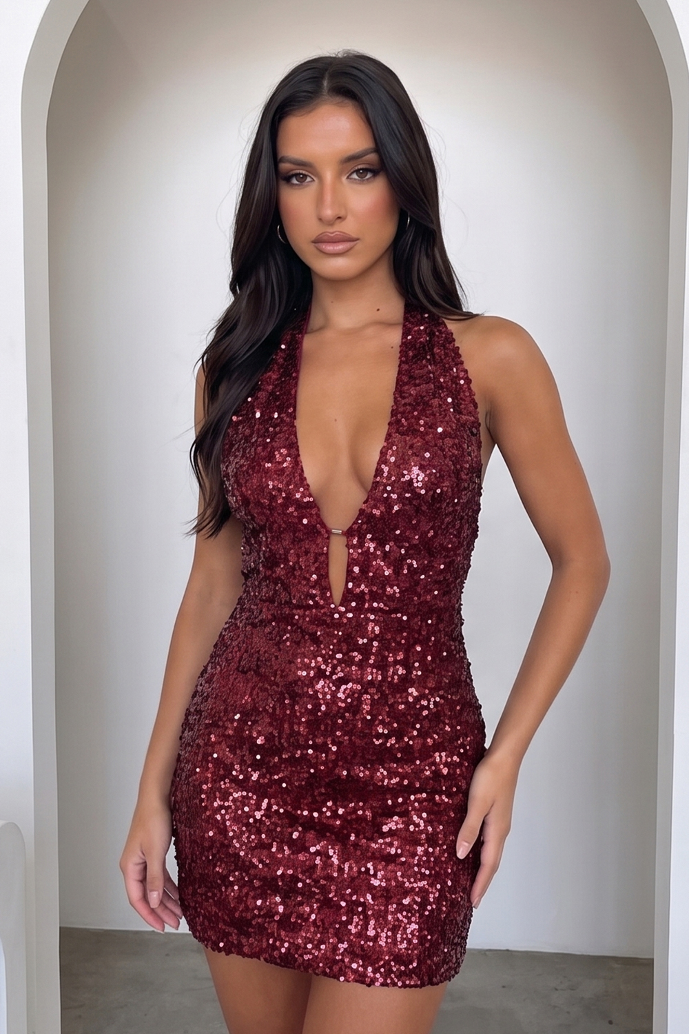Sparkly Burgundy Sequins Bodycon Halter Short Homecoming Dress