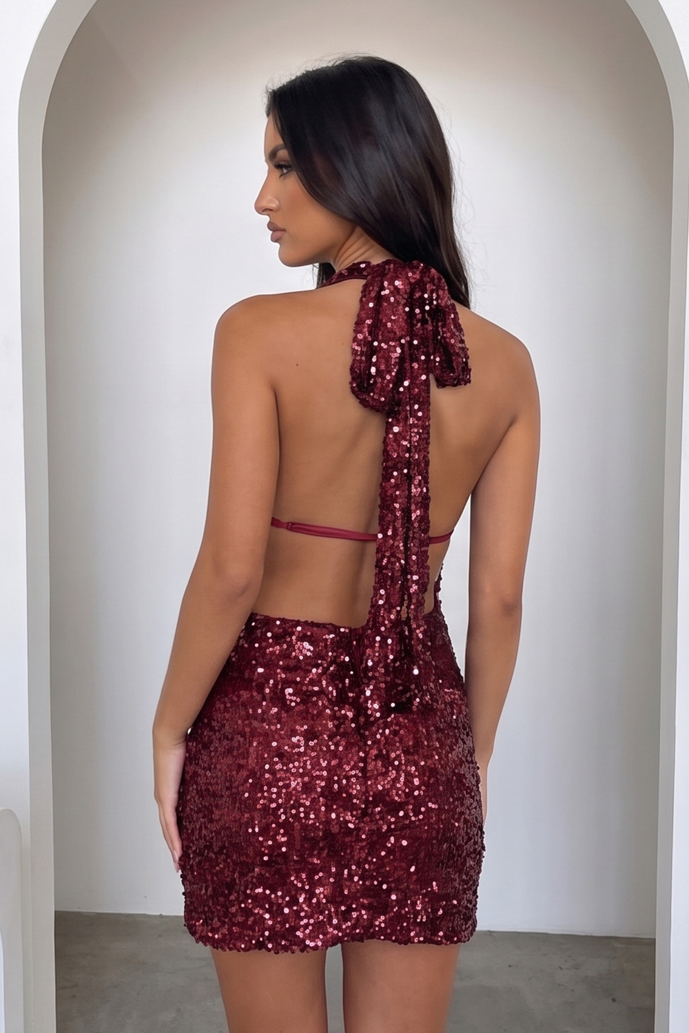 Sparkly Burgundy Sequins Bodycon Halter Short Homecoming Dress