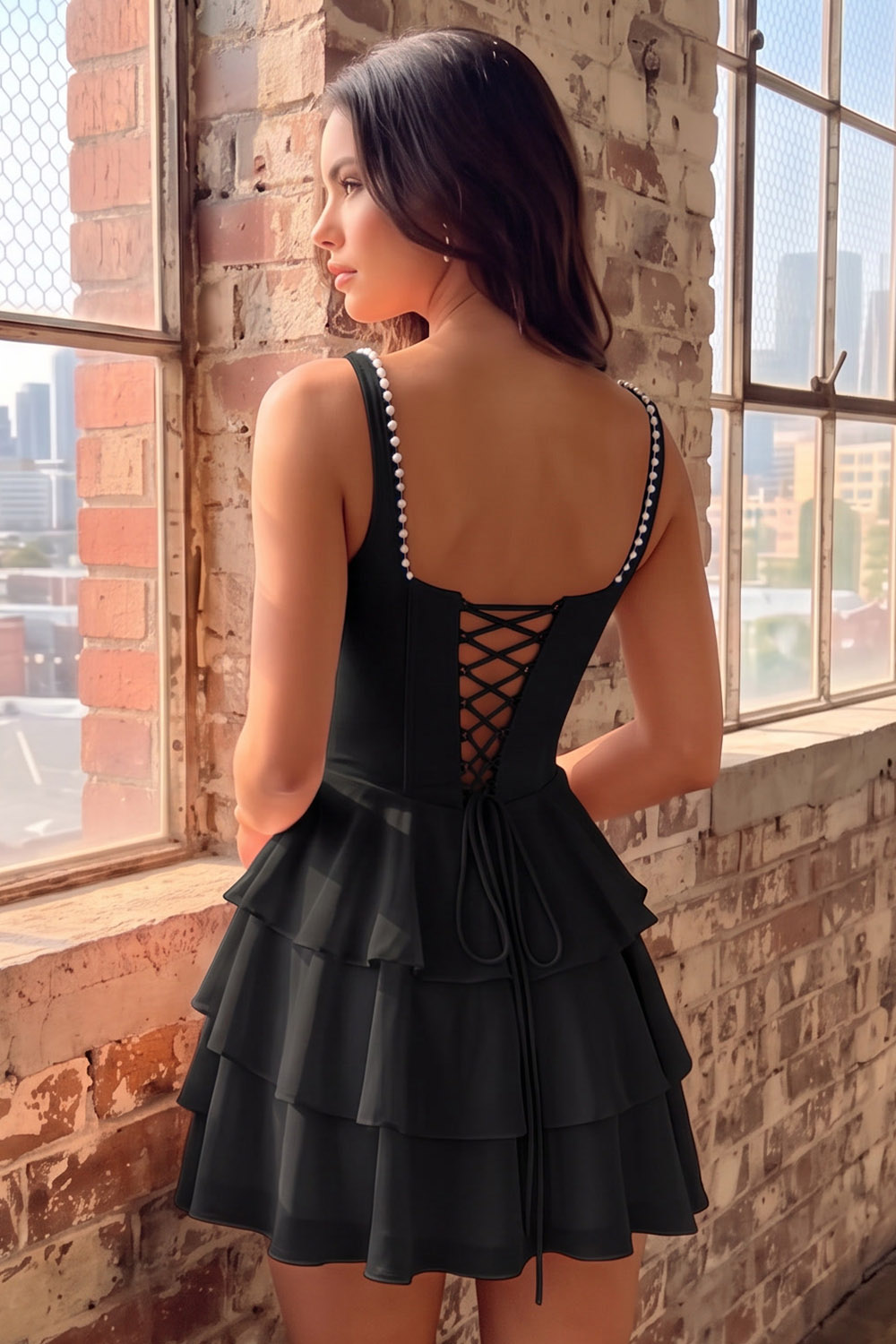 Pink Corset Square Neck Ruffled Short Homecoming Dress