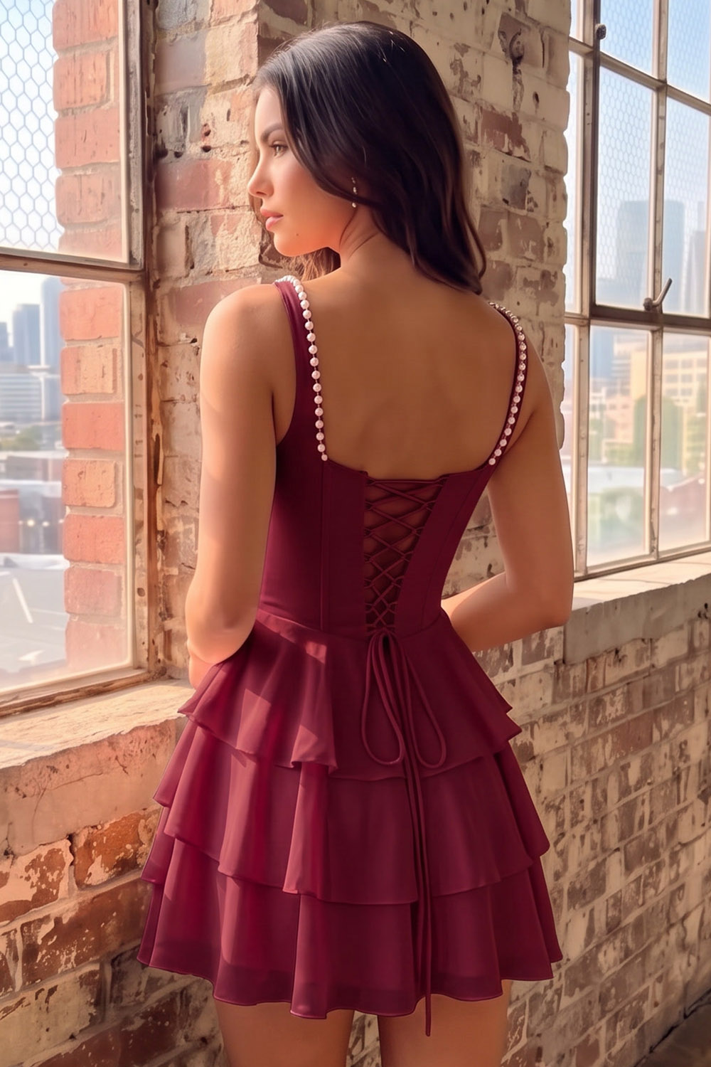 Pink Corset Square Neck Ruffled Short Homecoming Dress