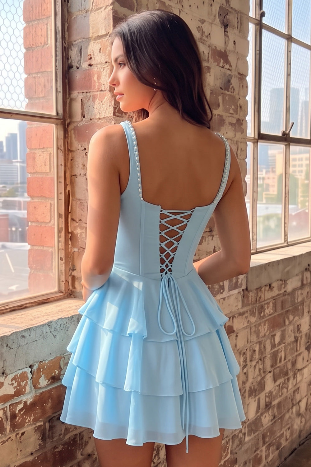 Pink Corset Square Neck Ruffled Short Homecoming Dress