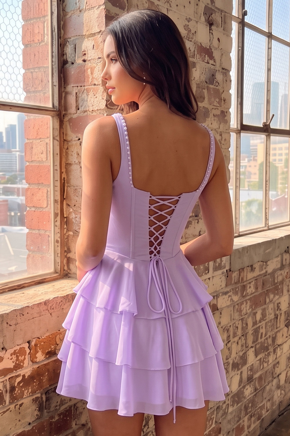 Pink Corset Square Neck Ruffled Short Homecoming Dress