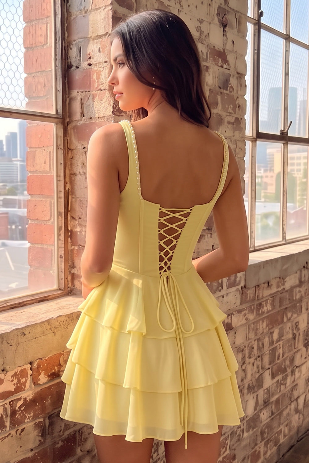 Pink Corset Square Neck Ruffled Short Homecoming Dress