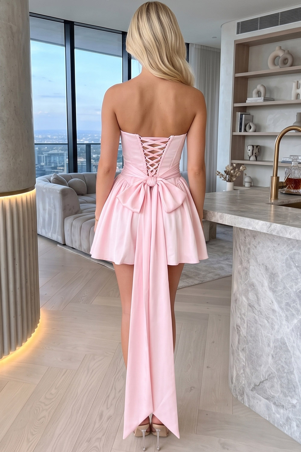 Strapless Pink A Line Short Homecoming Dress with Bow