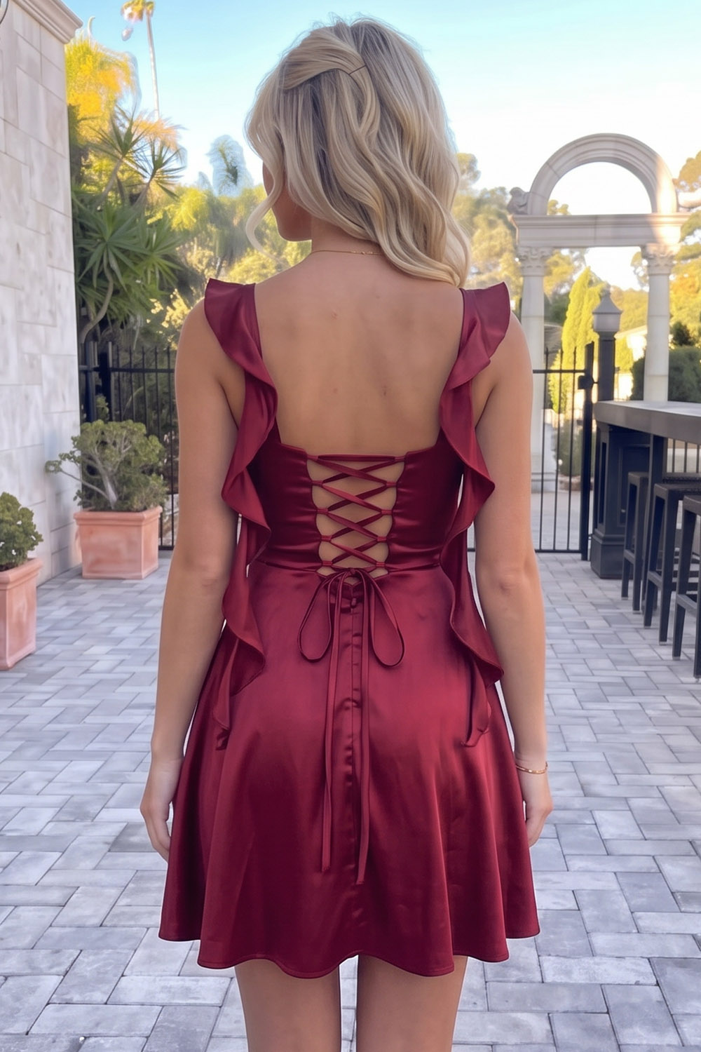 Dark Purple Satin A-Line Cowl Neck Short Homecoming Dress with Ruffles