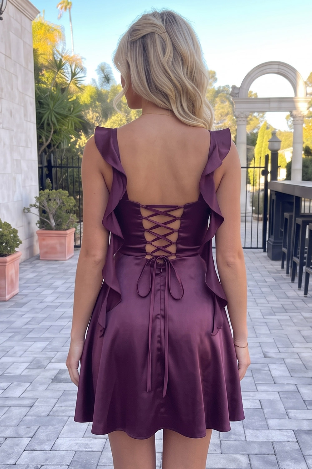 Dark Purple Satin A-Line Cowl Neck Short Homecoming Dress with Ruffles