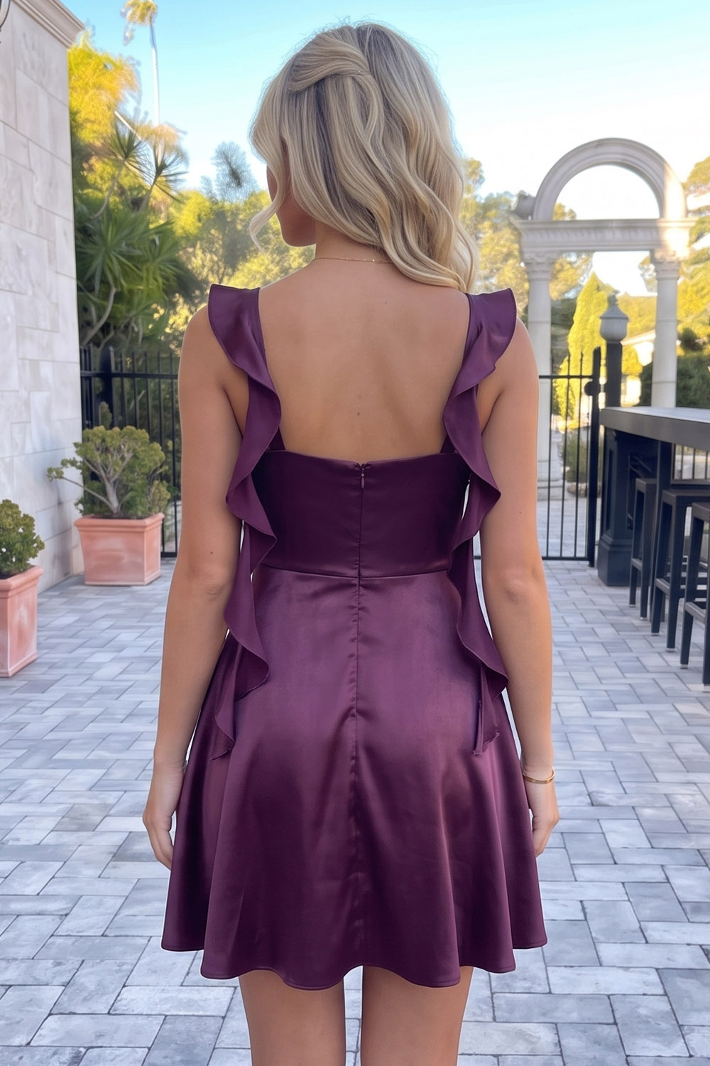 Dark Purple Satin A-Line Cowl Neck Short Homecoming Dress with Ruffles