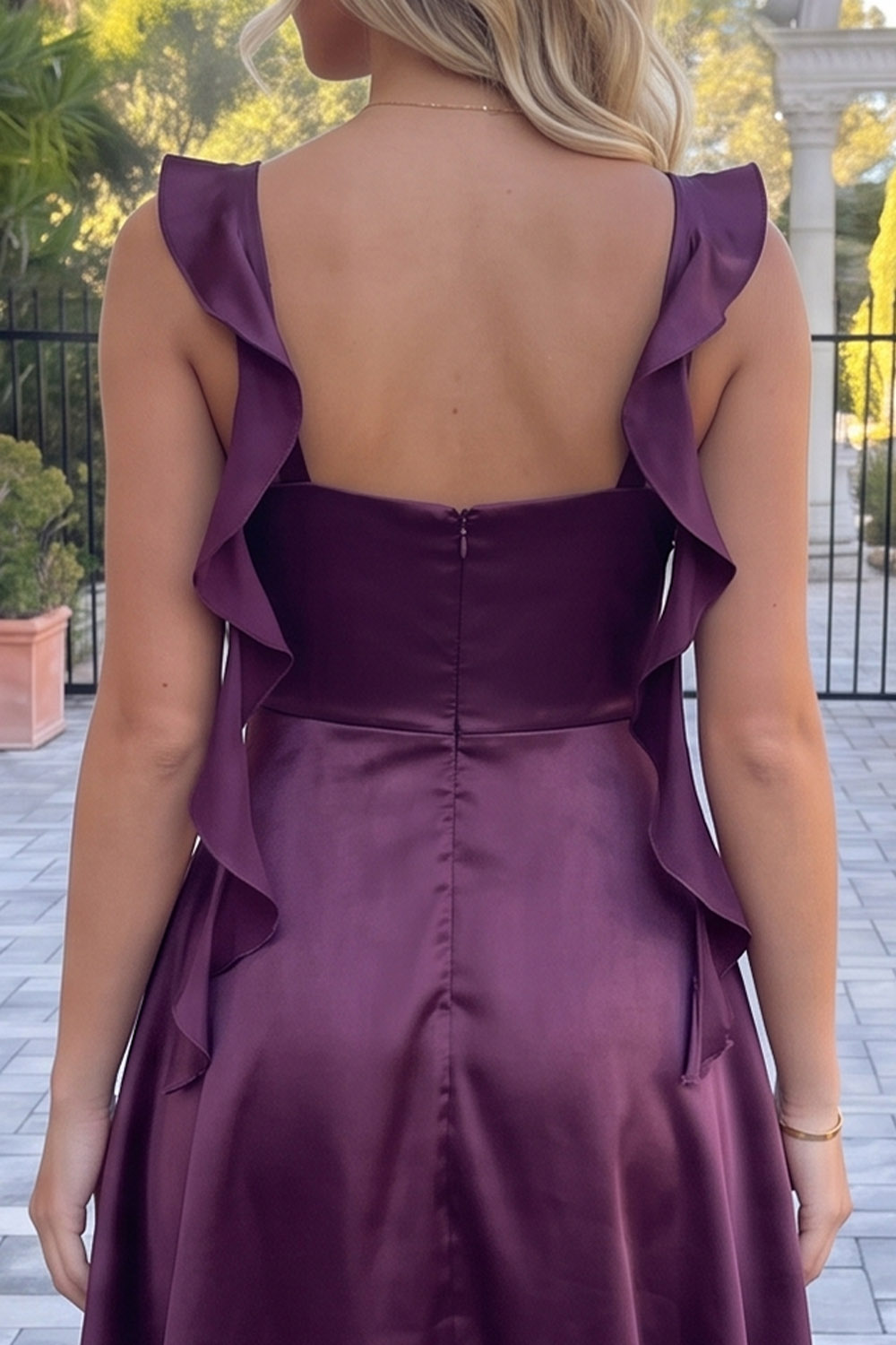 Dark Purple Satin A-Line Cowl Neck Short Homecoming Dress with Ruffles