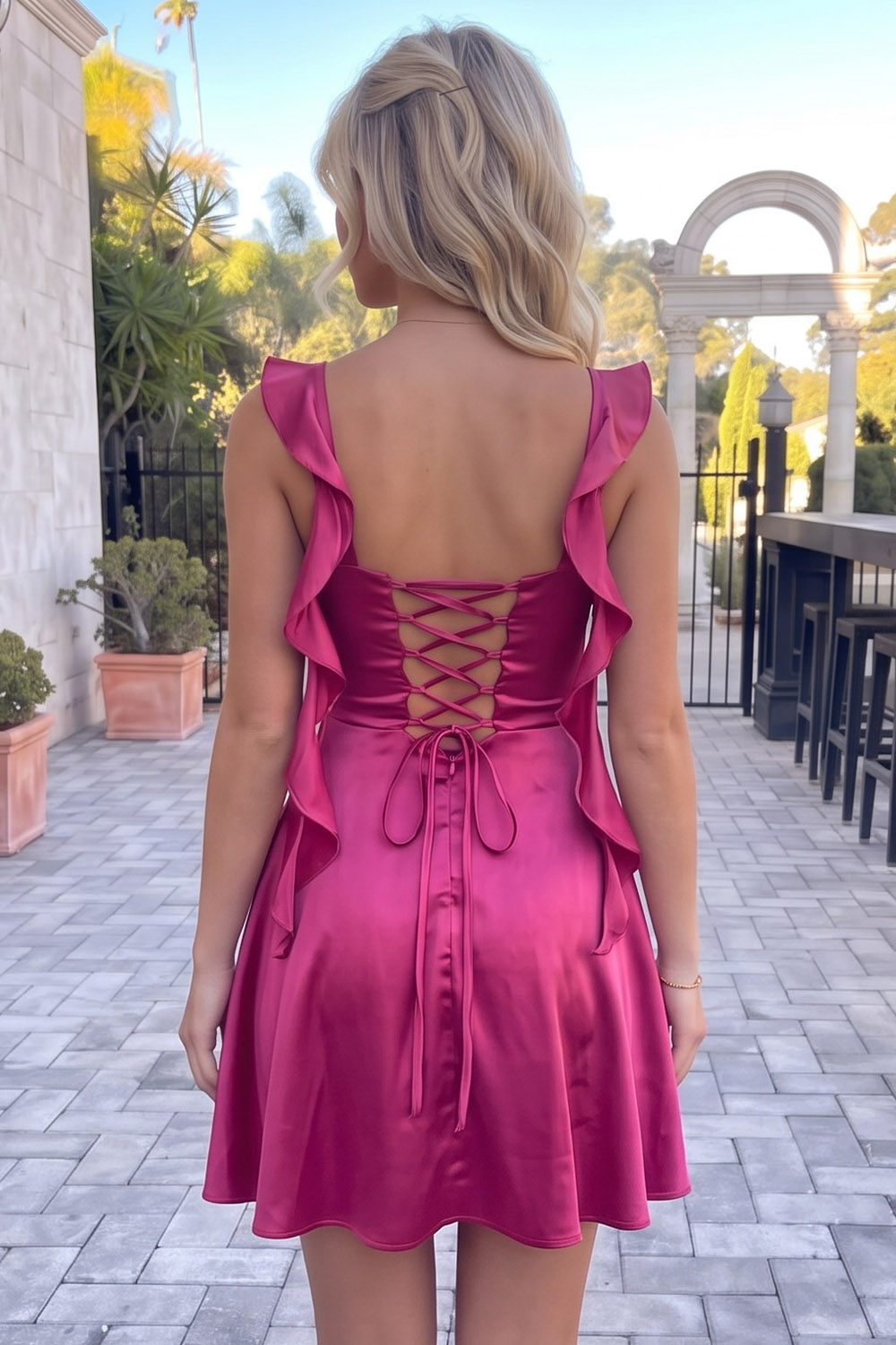 Dark Purple Satin A-Line Cowl Neck Short Homecoming Dress with Ruffles