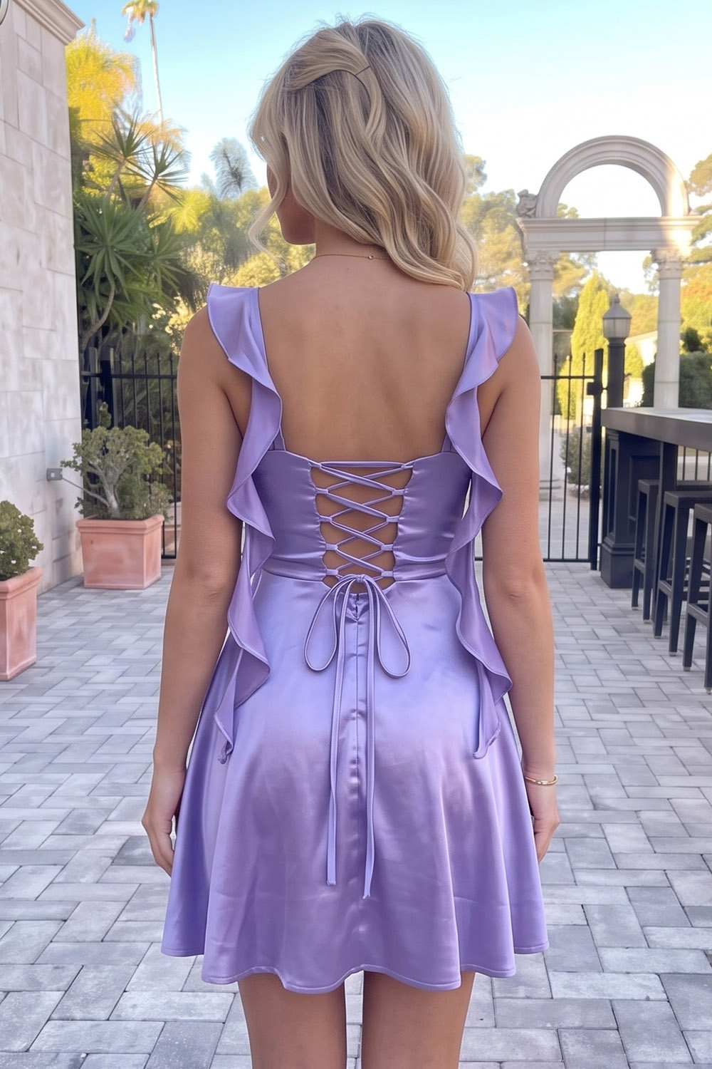 Dark Purple Satin A-Line Cowl Neck Short Homecoming Dress with Ruffles
