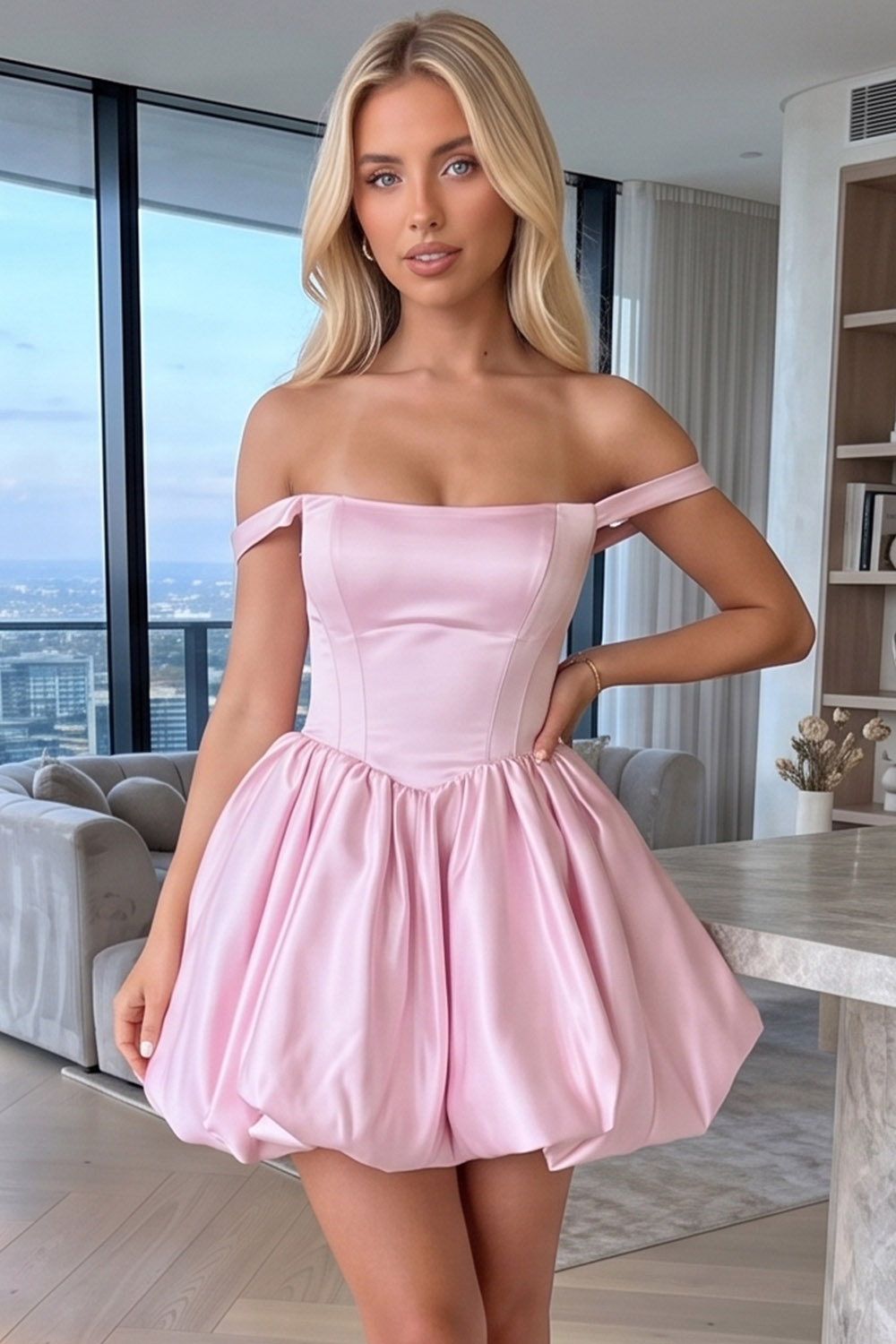 Pink Corset Off the Shoulder Short Bubble Homecoming Dress