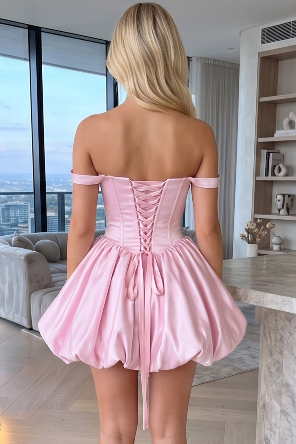 Pink Corset Off the Shoulder Short Bubble Homecoming Dress