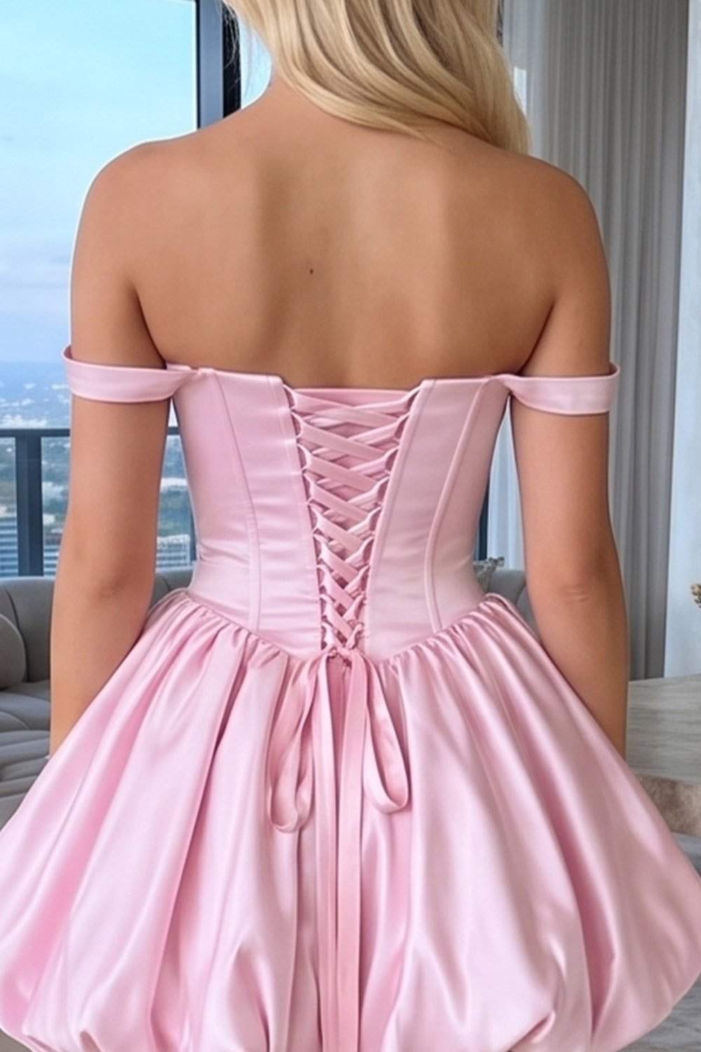 Pink Corset Off the Shoulder Short Bubble Homecoming Dress