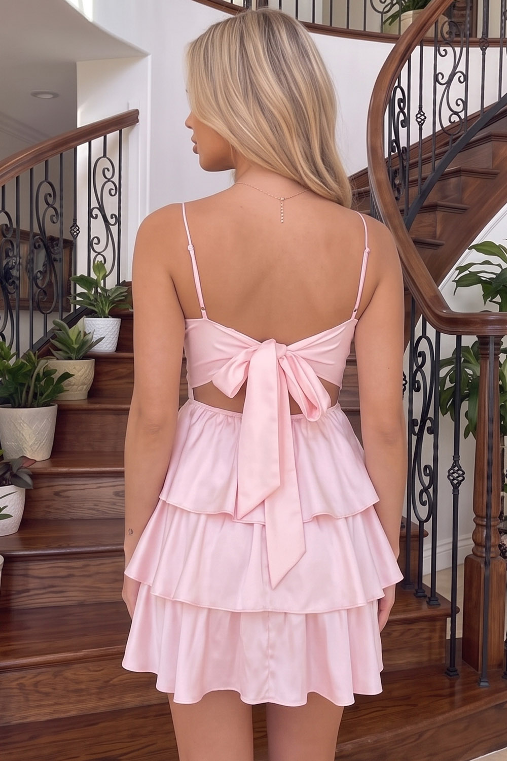 Pink Tiered Spaghetti Straps Short Homecoming Dress with Bow