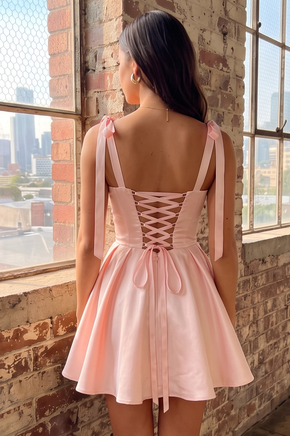 Pink Corset A Line Short Homecoming Dress with Bow