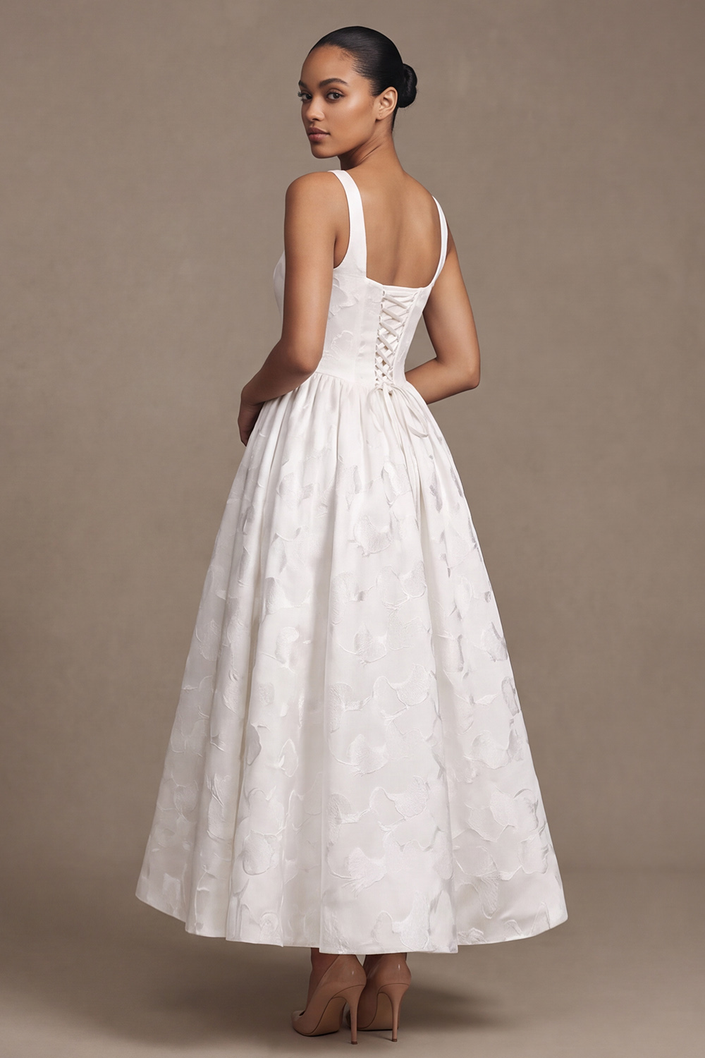 White Square Neck Floral A-Line Tea-Length Rehearsal Dinner Dress