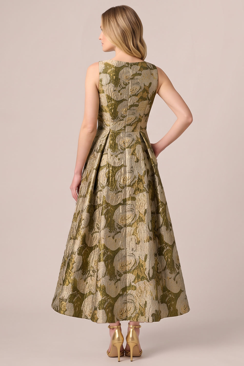 Floral Gold A-Line Round Neck Long Formal Dress