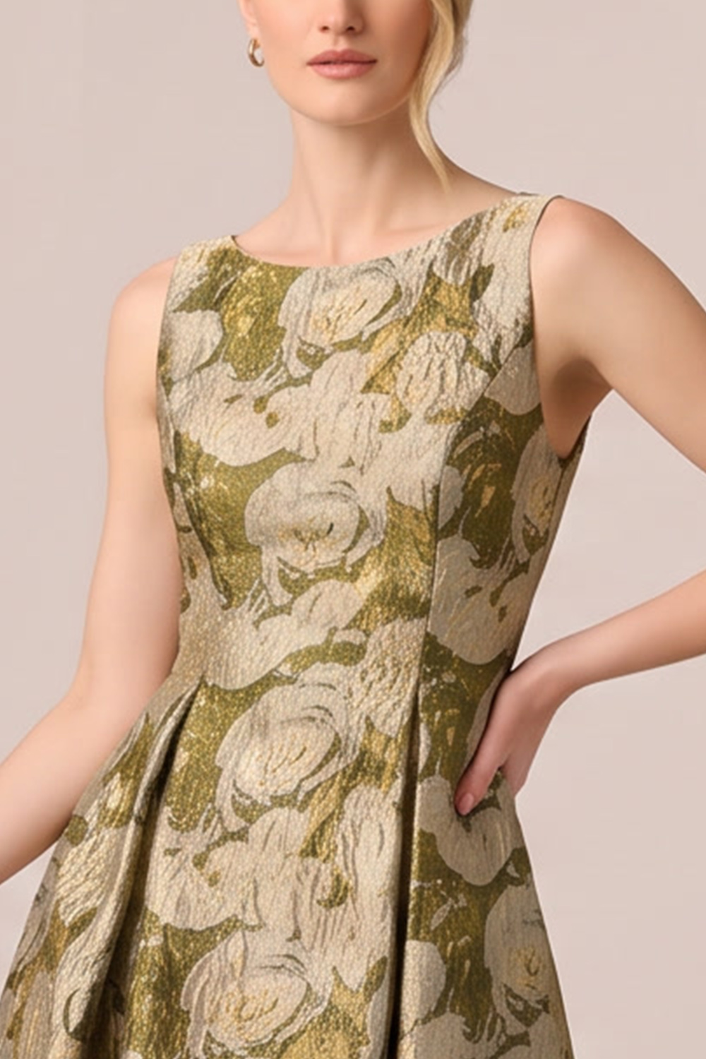 Floral Gold A-Line Round Neck Long Formal Dress