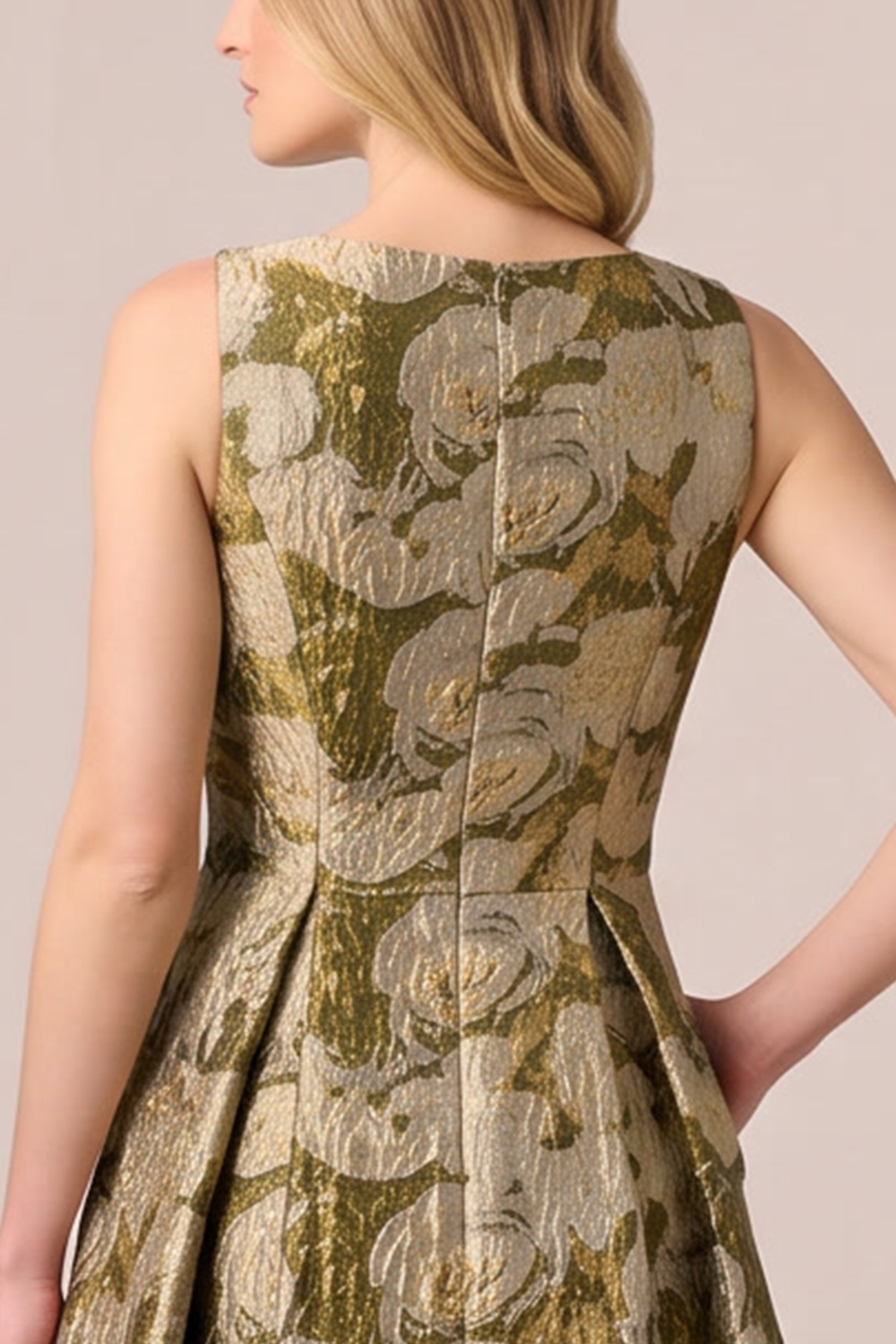 Floral Gold A-Line Round Neck Long Formal Dress