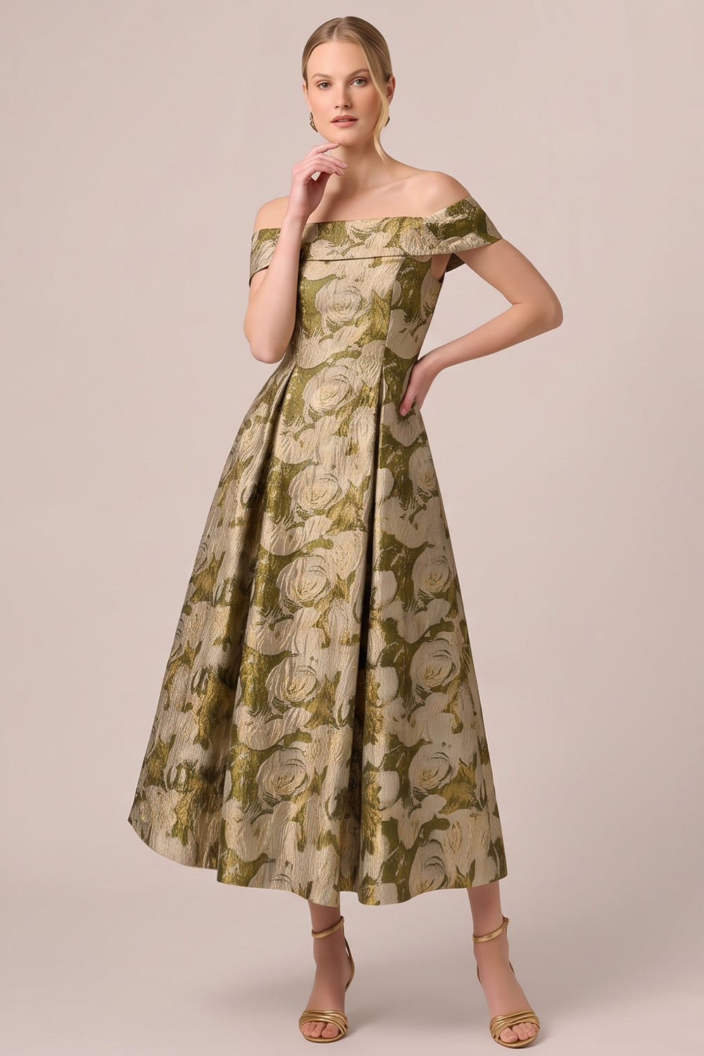 Gold Floral A-Line Off the Shoulder Long Formal Dress