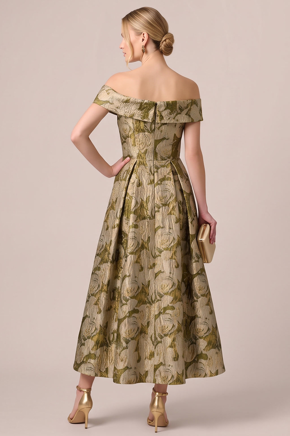 Gold Floral A-Line Off the Shoulder Long Formal Dress