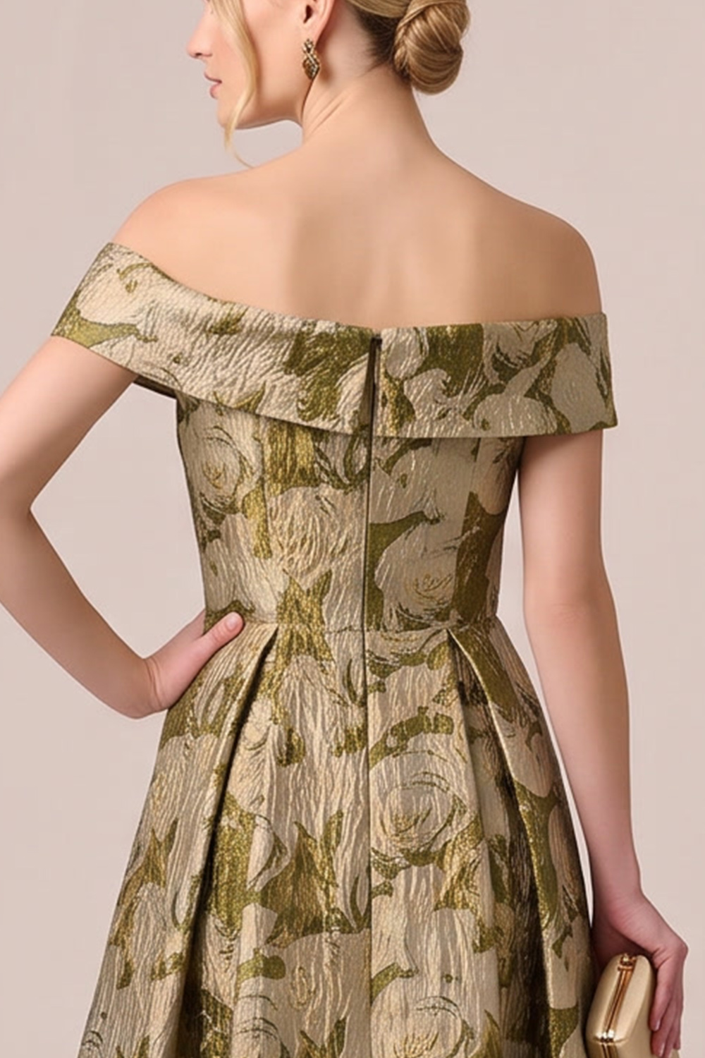 Gold Floral A-Line Off the Shoulder Long Formal Dress