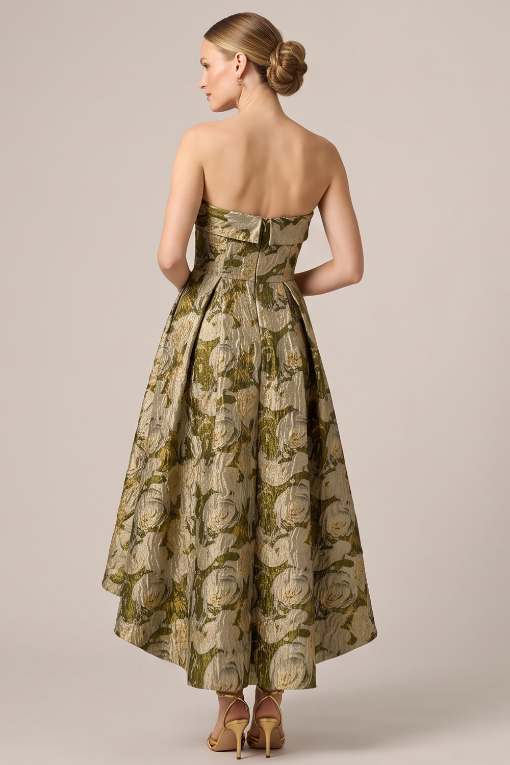 Gold A-Line Strapless Ruched High-Low Formal Dress