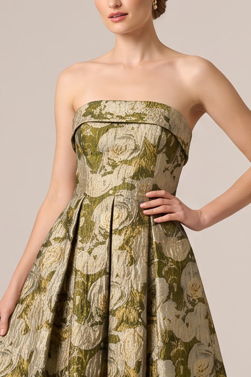 Gold A-Line Strapless Ruched High-Low Formal Dress
