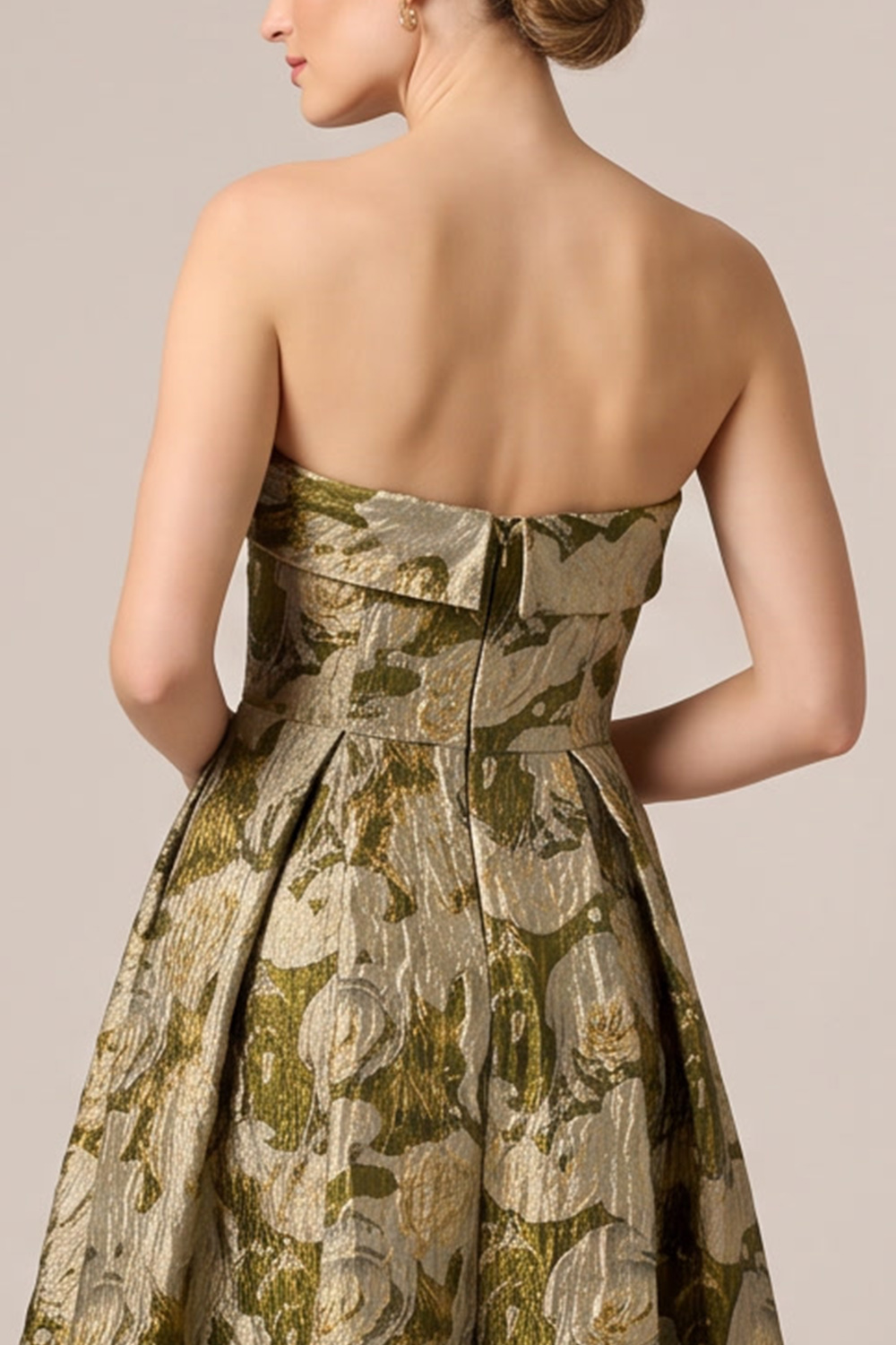 Gold A-Line Strapless Ruched High-Low Formal Dress