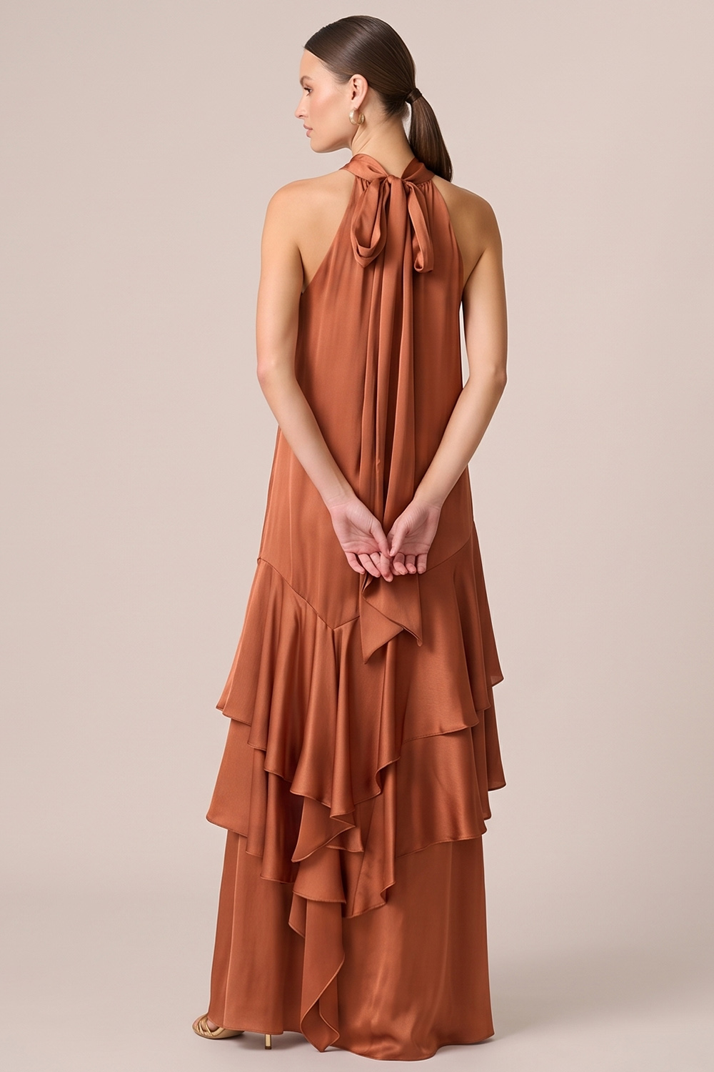 Burnt Orange Satin Halter Tiered Long Formal Dress