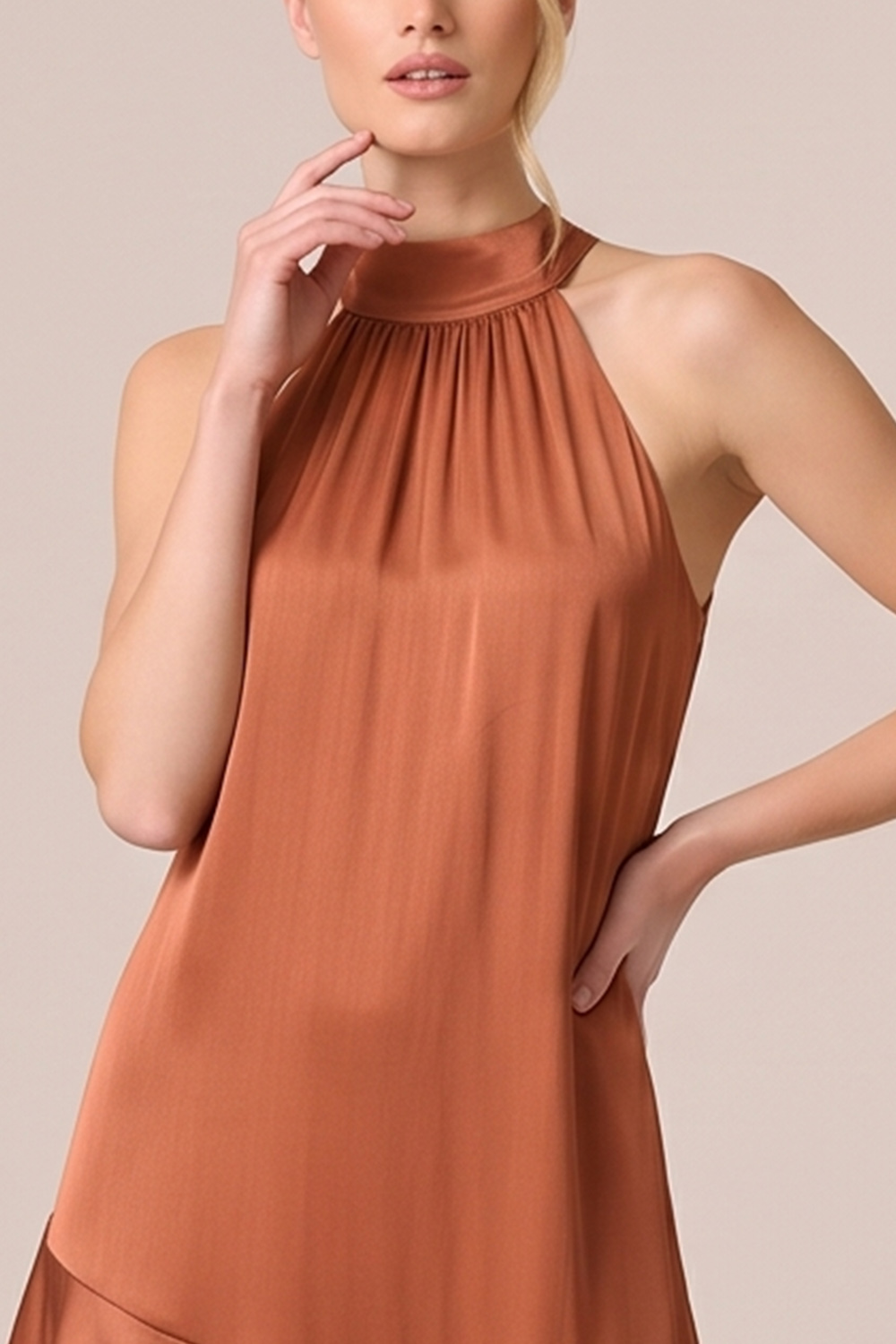 Burnt Orange Satin Halter Tiered Long Formal Dress