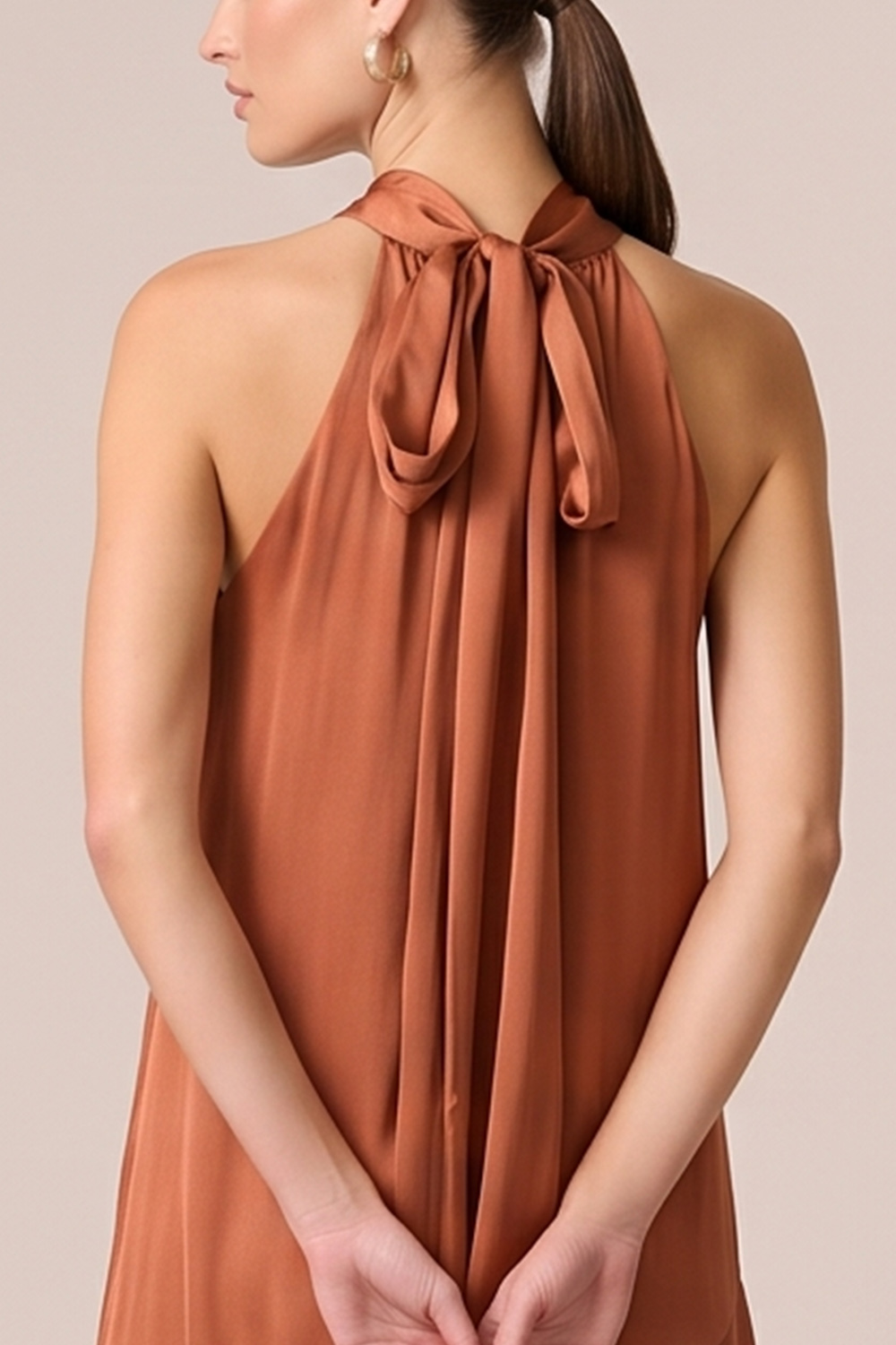 Burnt Orange Satin Halter Tiered Long Formal Dress