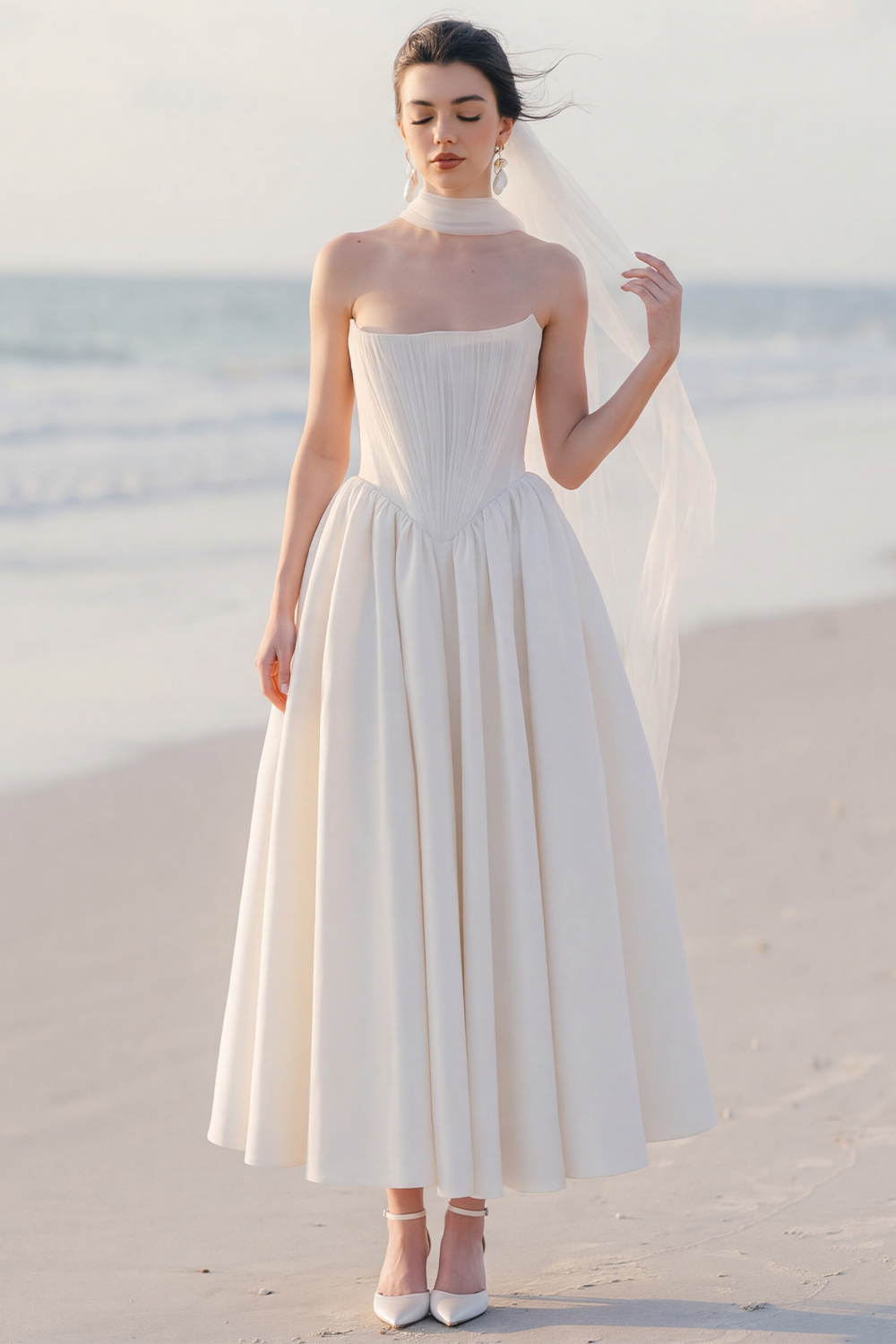 White A-Line Strapless Midi Engagement Dress