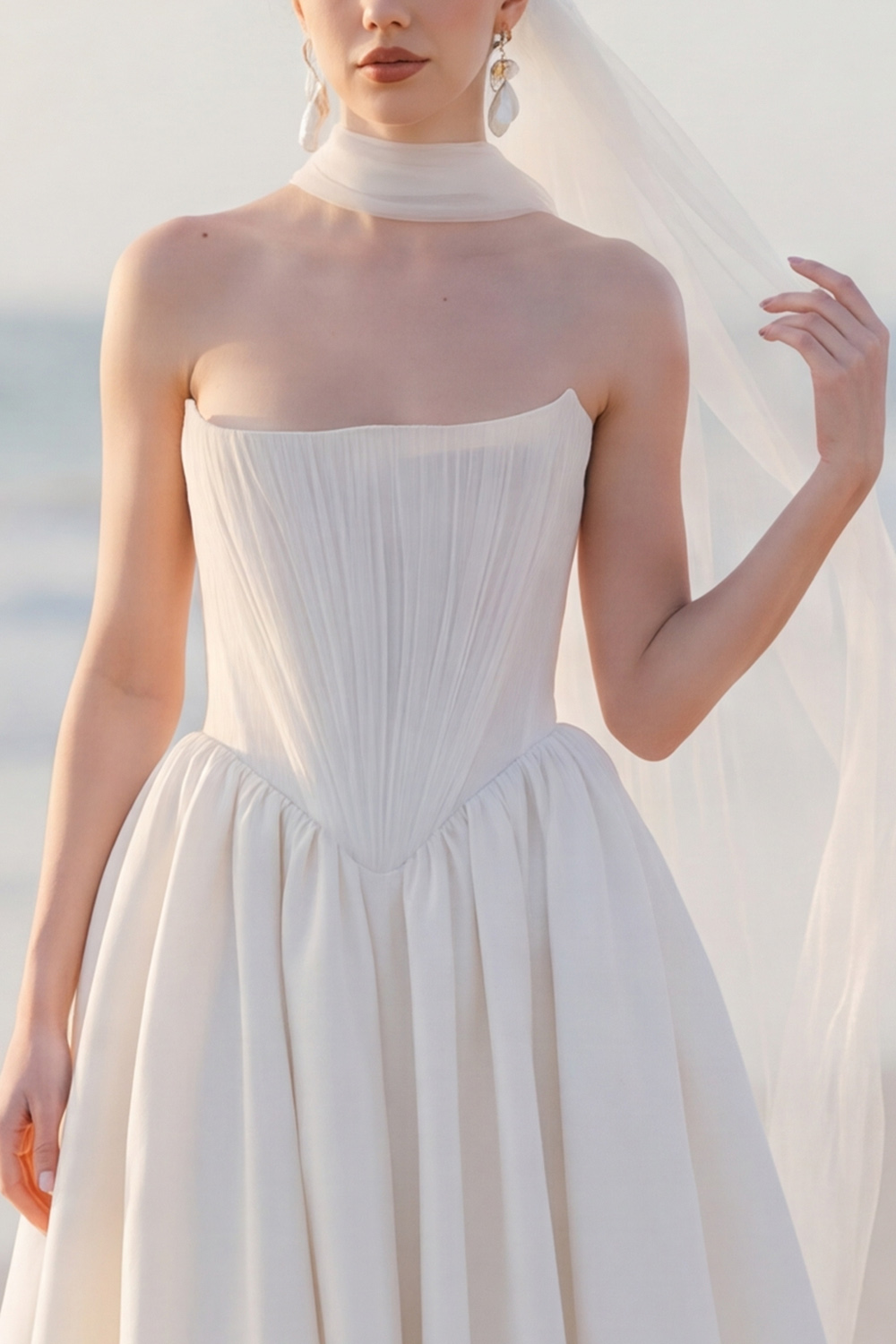 White A-Line Strapless Midi Engagement Dress