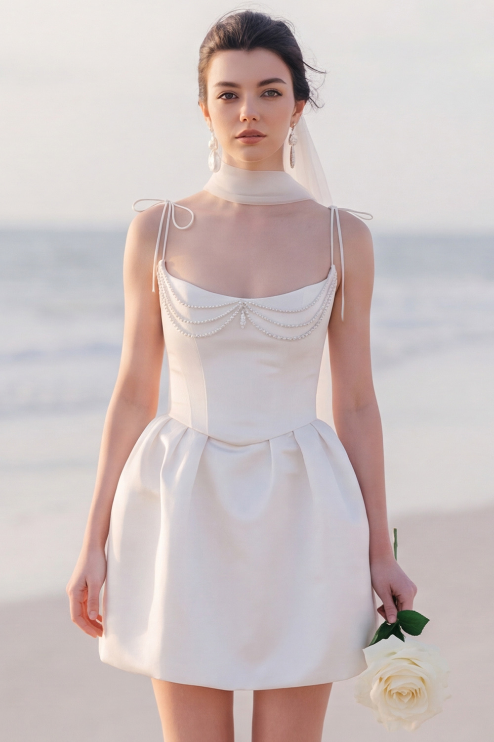 White Spaghetti Straps Short Bridal Shower Dress with Pearls
