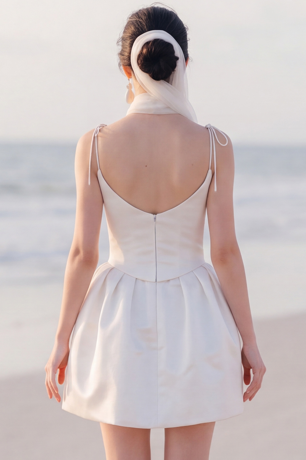 White Spaghetti Straps Short Bridal Shower Dress with Pearls