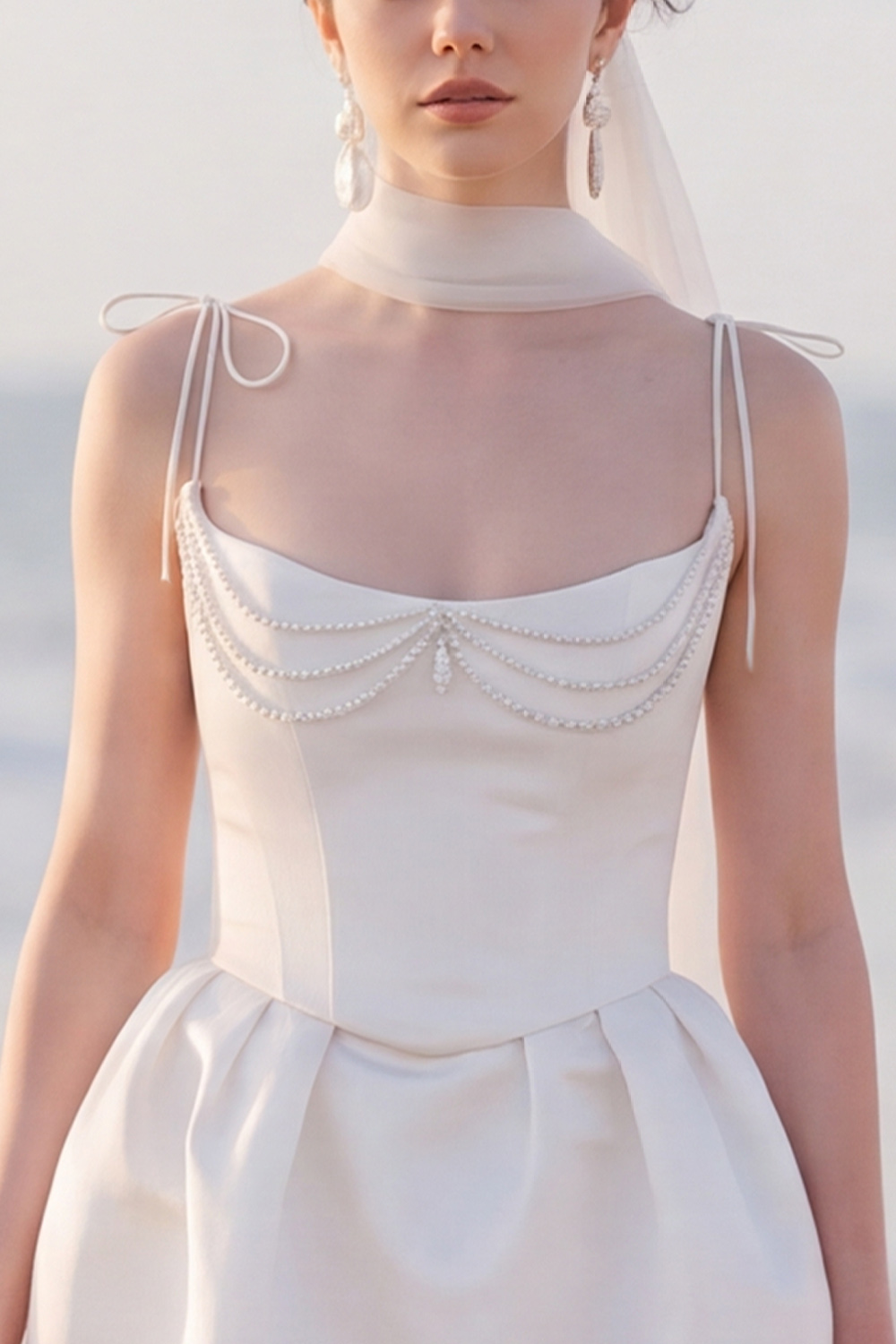 White Spaghetti Straps Short Bridal Shower Dress with Pearls