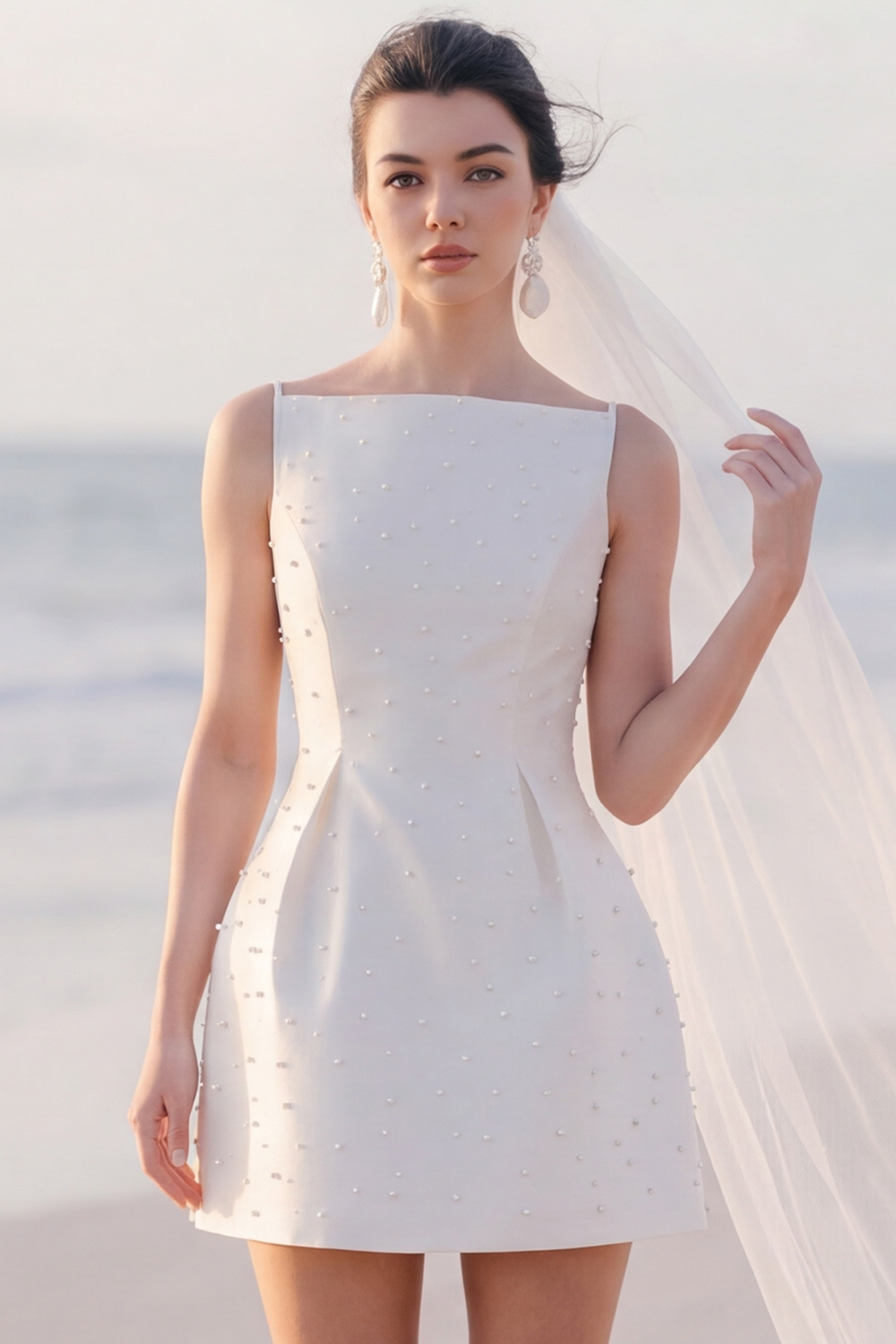 White A Line Boat Neck Short Bridal Shower Dress with Pearls
