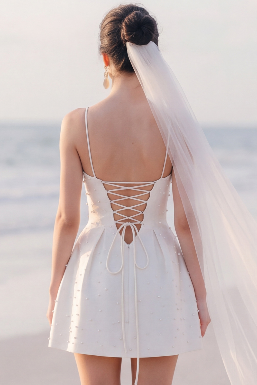 White A Line Boat Neck Short Bridal Shower Dress with Pearls
