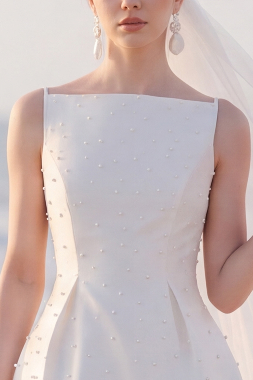 White A Line Boat Neck Short Bridal Shower Dress with Pearls