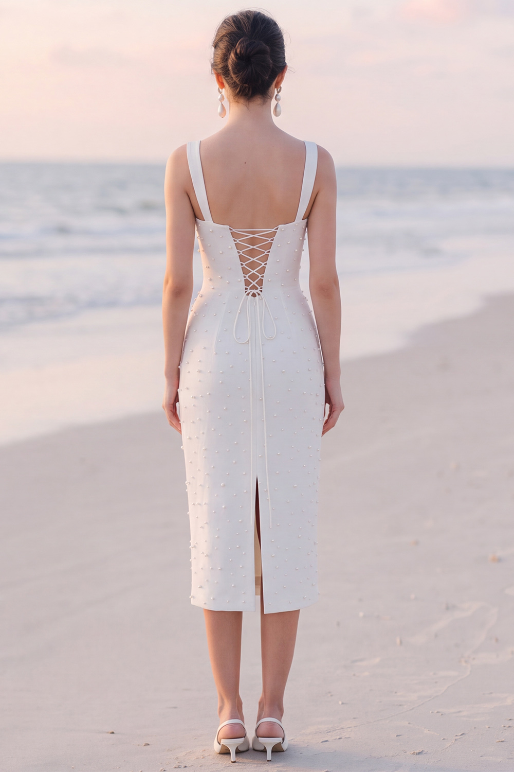 White Sheath Square Neck Midi Engagement Dress with Pearls